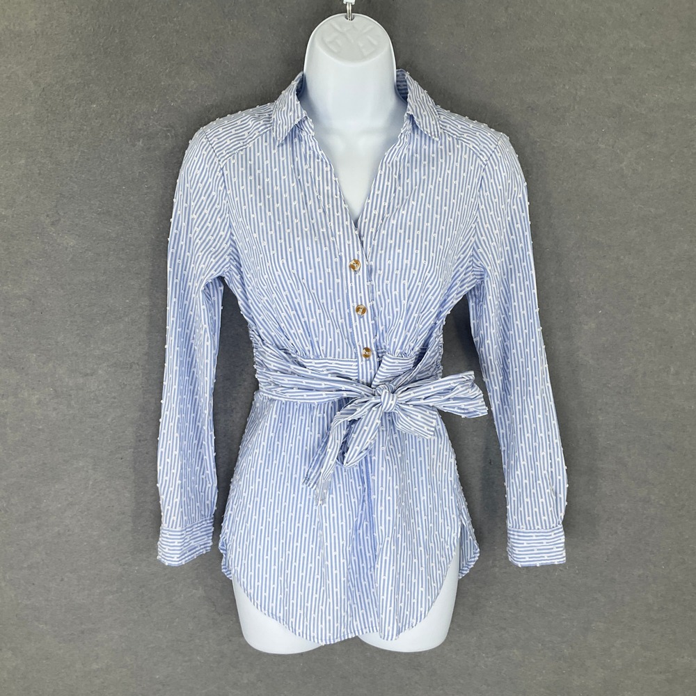 Maeve Anthropologie Blouse Sz 2 Swiss Dots Blue White Striped Tie Waist Shirt